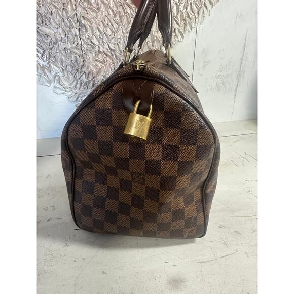 Louis Vuitton Damier Ebene Canvas Monogram Speedy 30 Tote Bag Brown - Picture 7 of 13